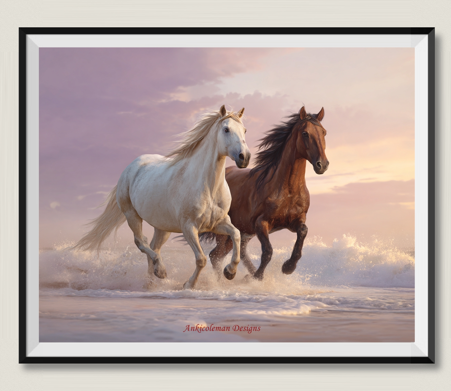 Embroidery Running Stitch - Two Horses Running on Beach 2-