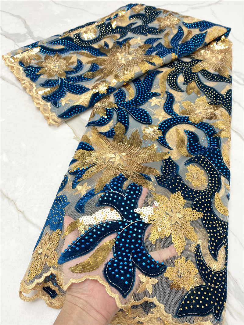 Velvet Fabric Embroidery - PGC Blue African Velvet Lace Fabric