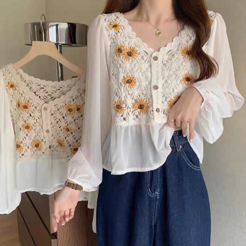 Crochet Top Chiffon Flower Emb - Embroidery Daisy Flower avaliação e preço