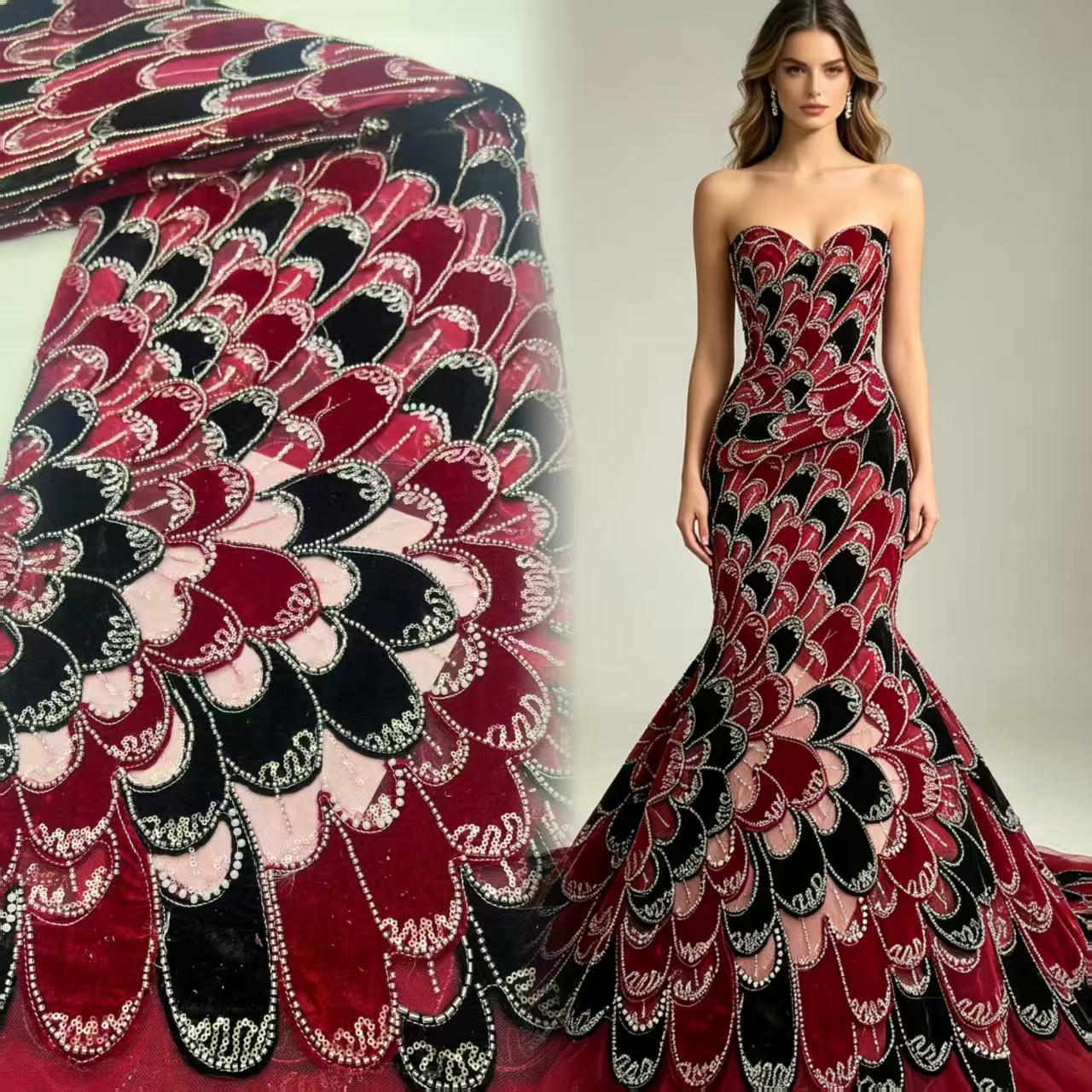 5Yards Red Black Peacock Sequi - Velvet Fabric Embroidery avaliação e preço