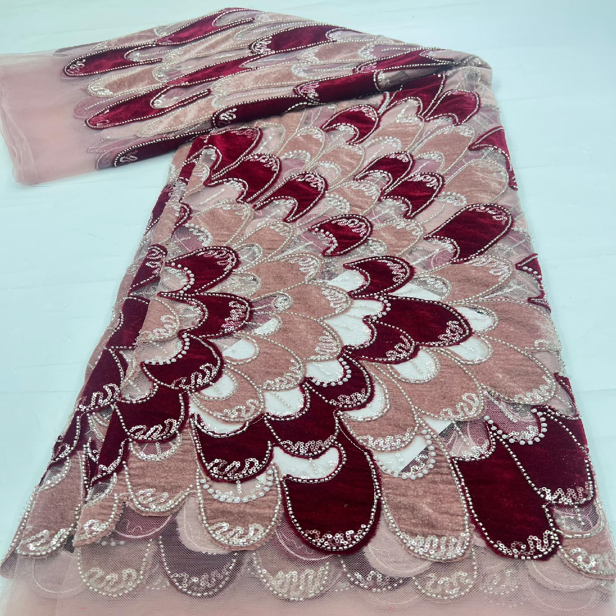 5Yards Red Black Peacock Sequi - Velvet Fabric Embroidery avaliação e preço
