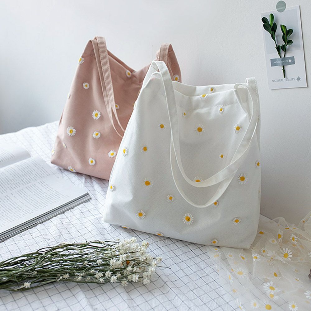 Women Canvas Bags Girls Shoppi - Embroidery Daisy Flower avaliação e preço