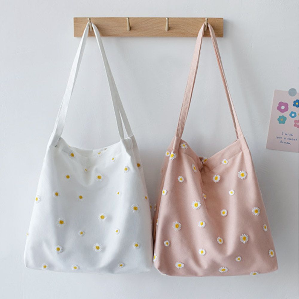 Women Canvas Bags Girls Shoppi - Embroidery Daisy Flower avaliação e preço