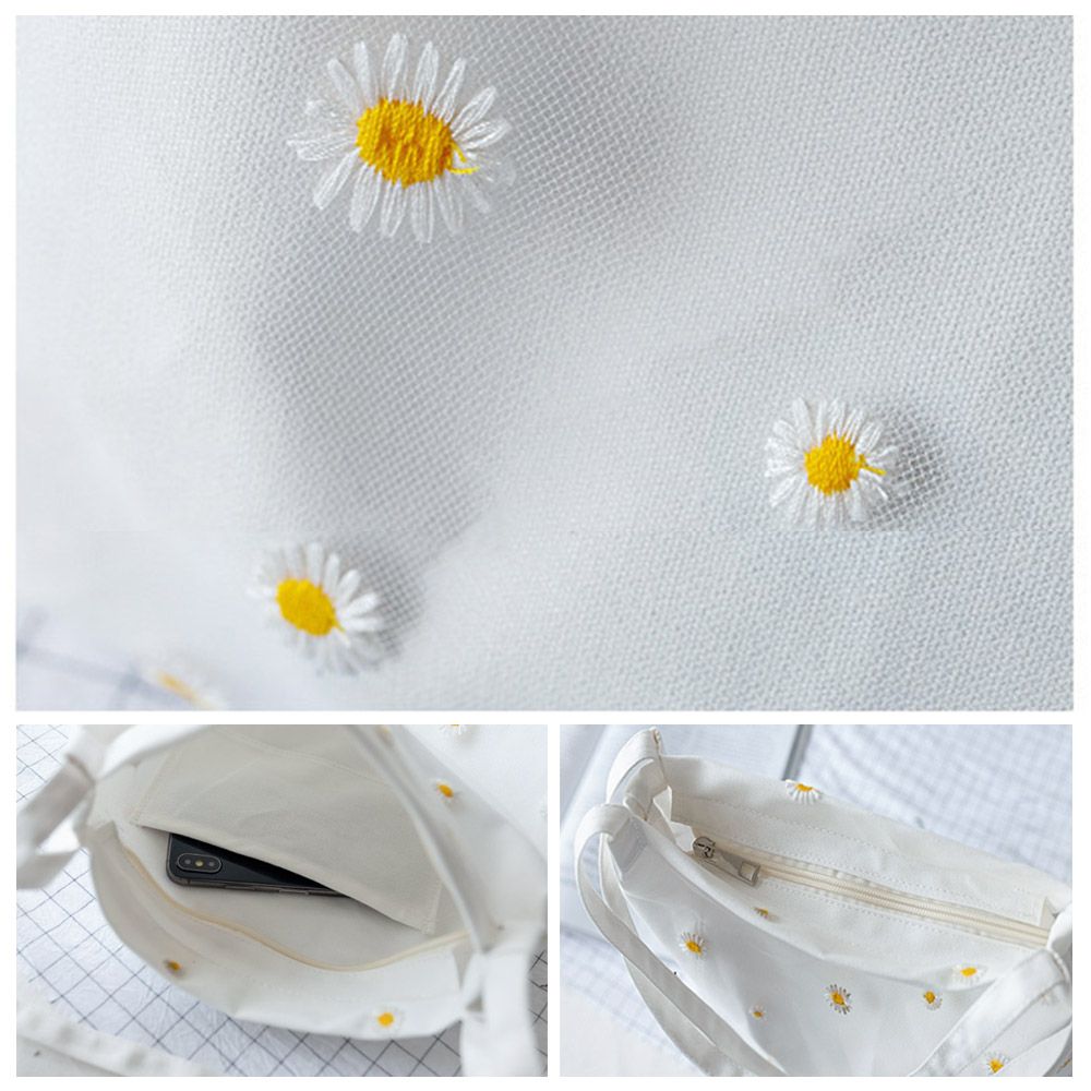 Women Canvas Bags Girls Shoppi - Embroidery Daisy Flower avaliação e preço