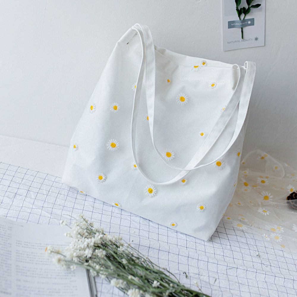 Women Canvas Bags Girls Shoppi - Embroidery Daisy Flower avaliação e preço