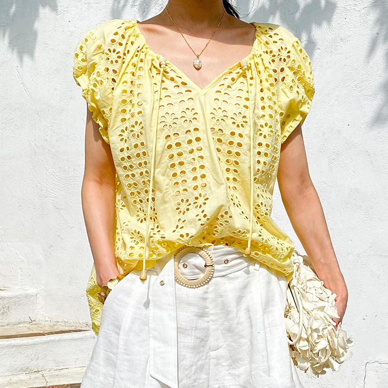 French Style Elegant Chic Blou - Embroidery Yellow avaliação e preço