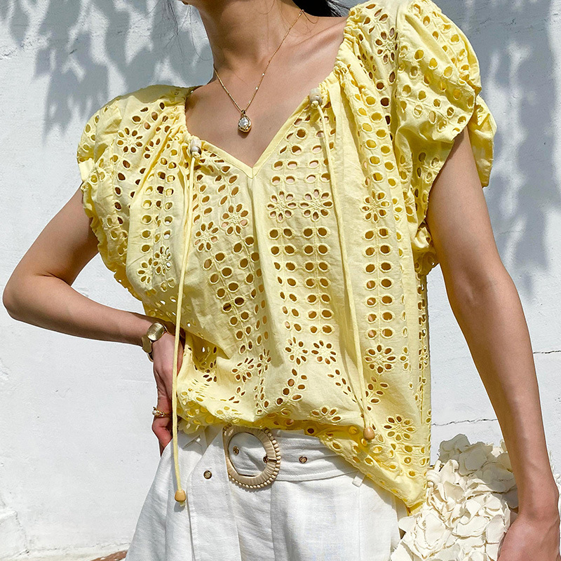French Style Elegant Chic Blou - Embroidery Yellow avaliação e preço