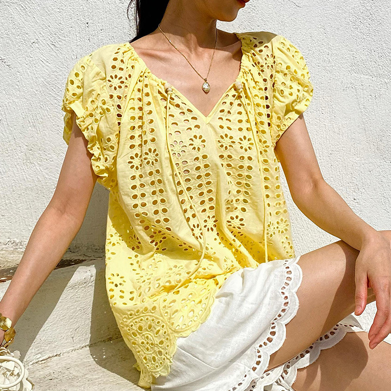 French Style Elegant Chic Blou - Embroidery Yellow avaliação e preço
