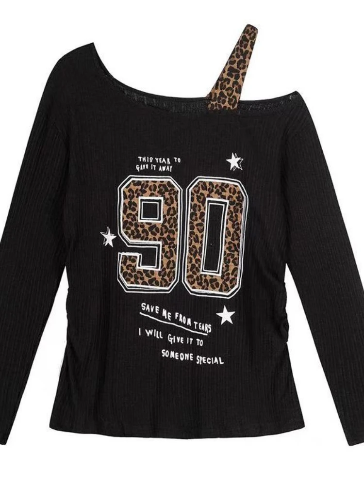 Y2K Patchwork Leopard Print T- - Embroidery Shirt avaliação e preço