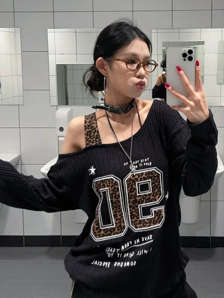 Y2K Patchwork Leopard Print T- - Embroidery Shirt avaliação e preço