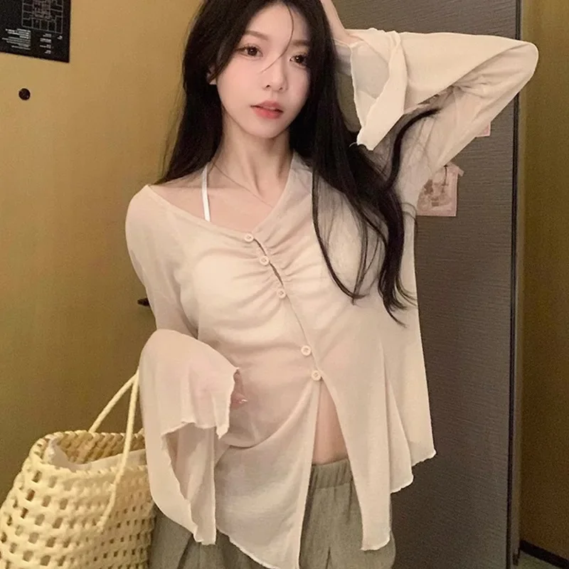 Sheer Flare Sleeve Blouse - Y2 - Embroidery Shirt avaliação e preço