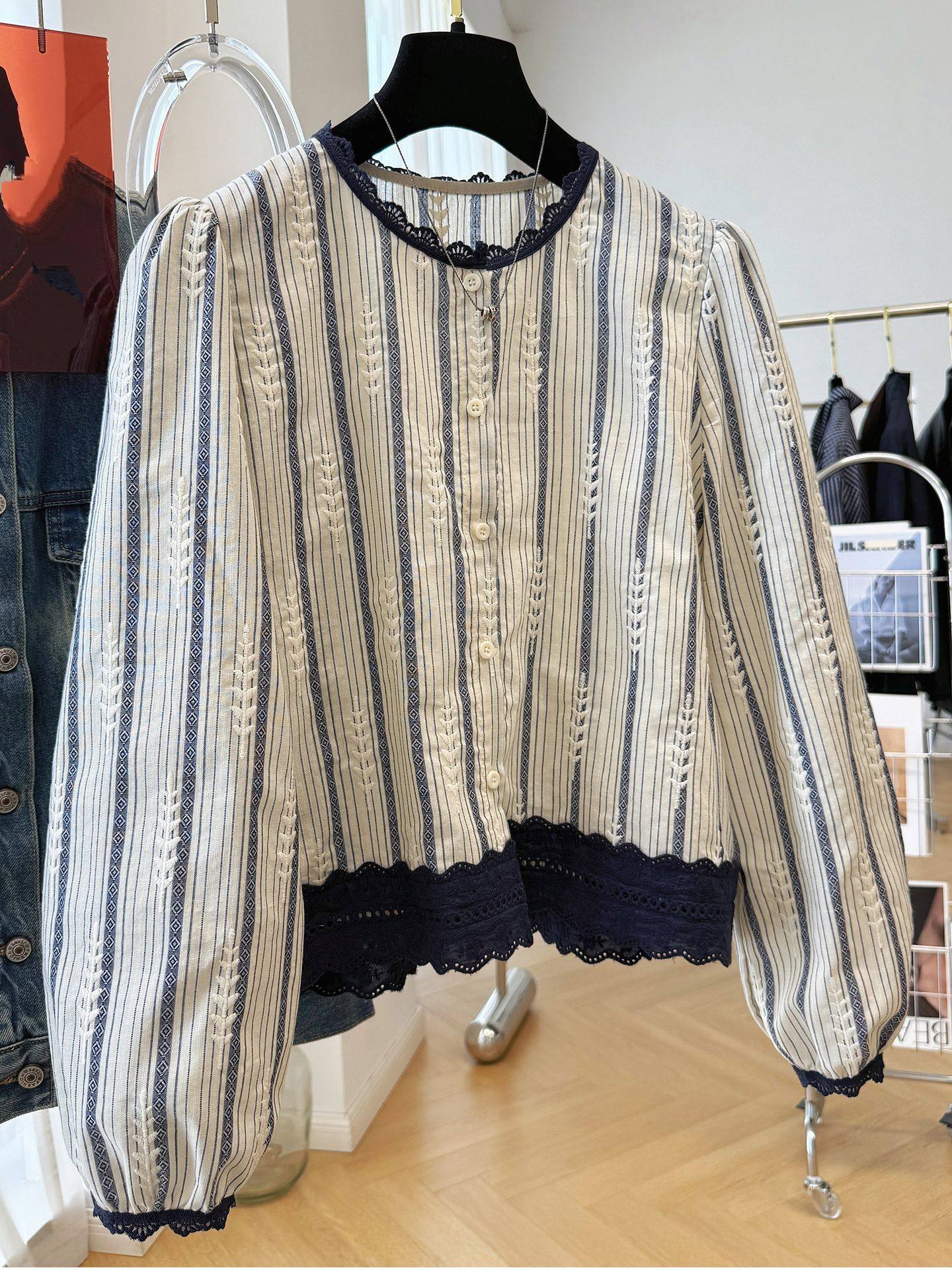 Women's Striped Lace Trim Blou - Embroidery Shirt avaliação e preço