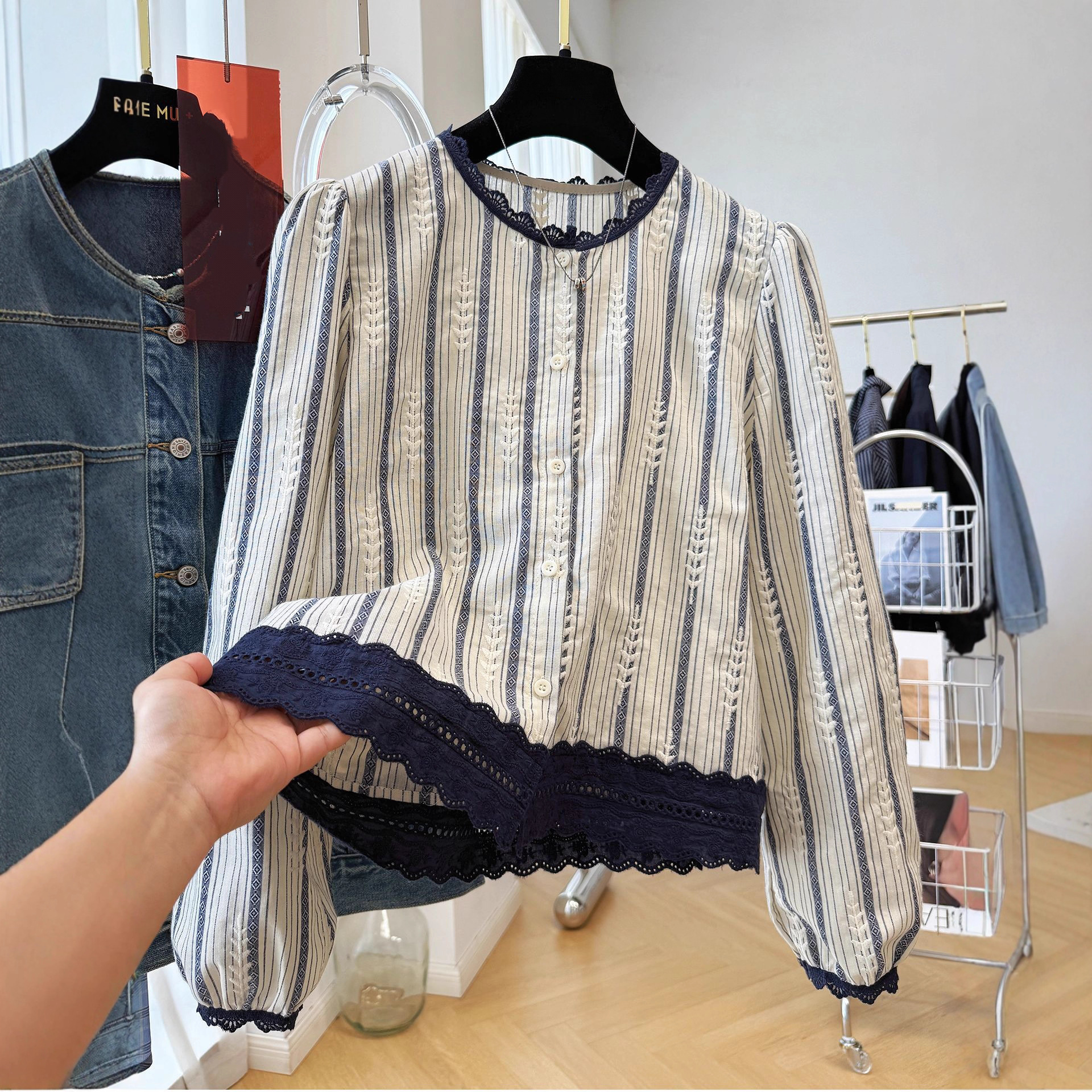 Women's Striped Lace Trim Blou - Embroidery Shirt avaliação e preço