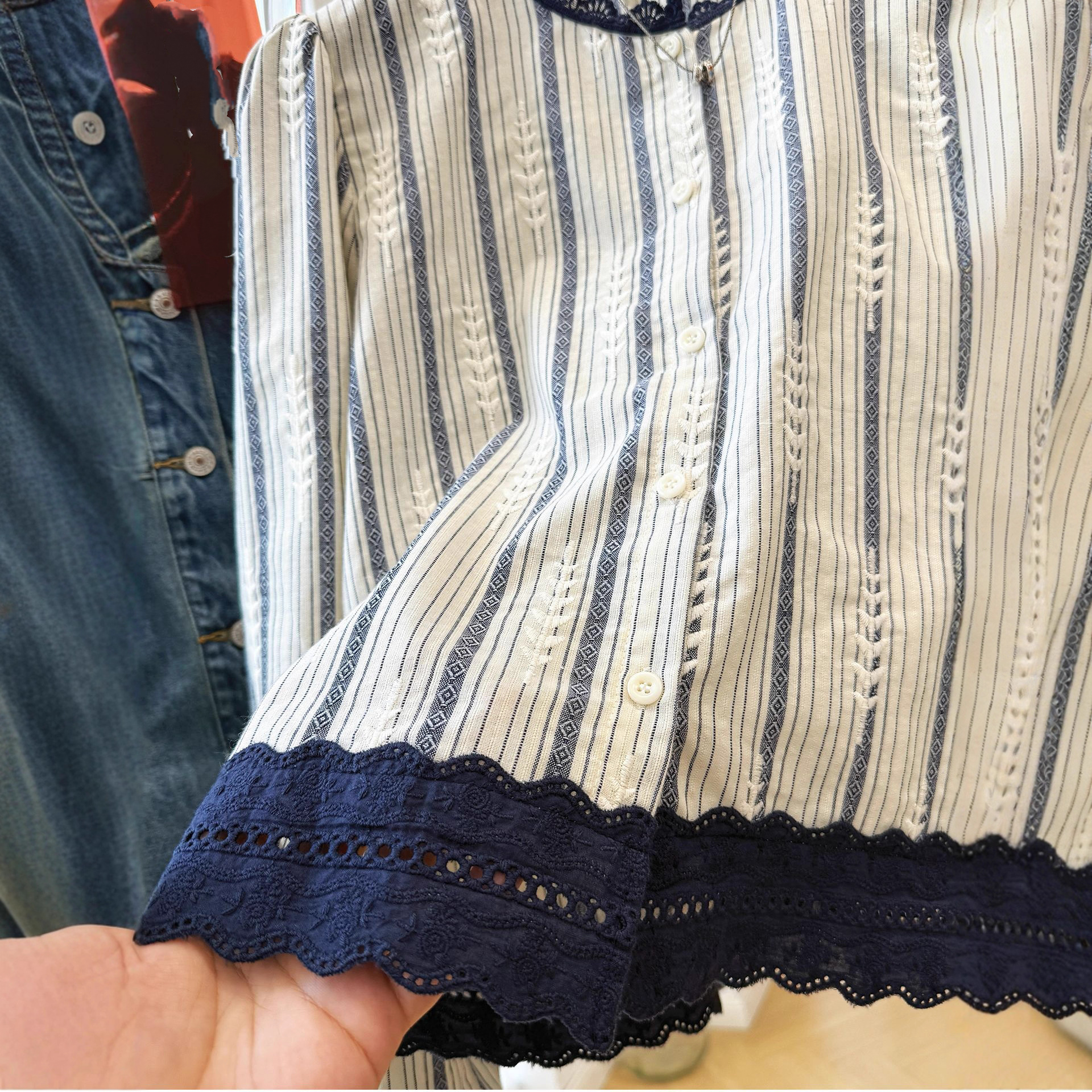 Women's Striped Lace Trim Blou - Embroidery Shirt avaliação e preço
